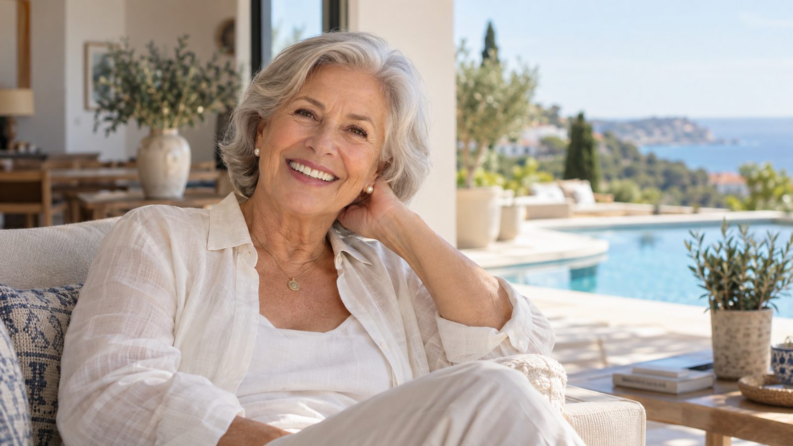 Mulher sénior de cabelo grisalho com sorriso natural — Implantes All-On-4