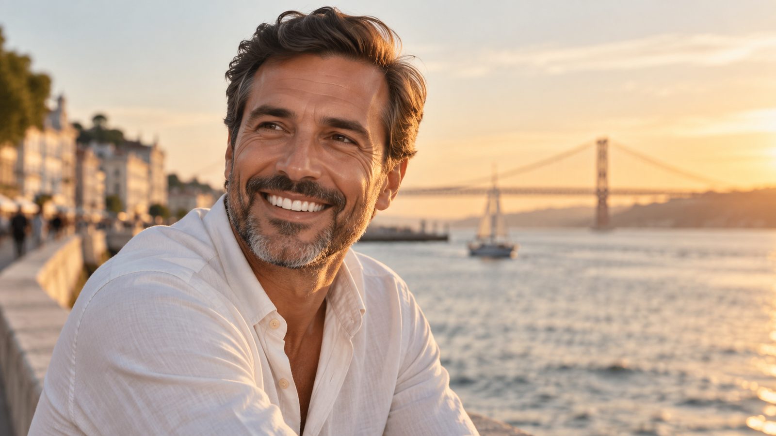 Homem sorridente junto ao Tejo, em Lisboa — Smile Makeover